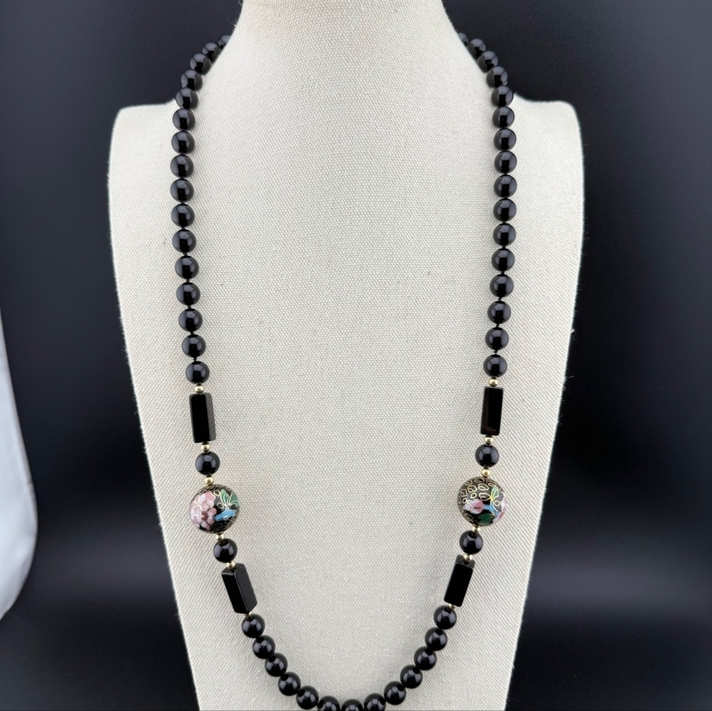 Vintage Chinese Export Black Onyx Cloisonné Necklace 31 Inch